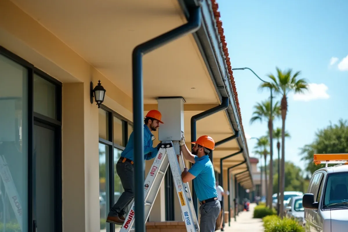 Leader head and downspout below a plaza parapet scupper over a storefront walkway
