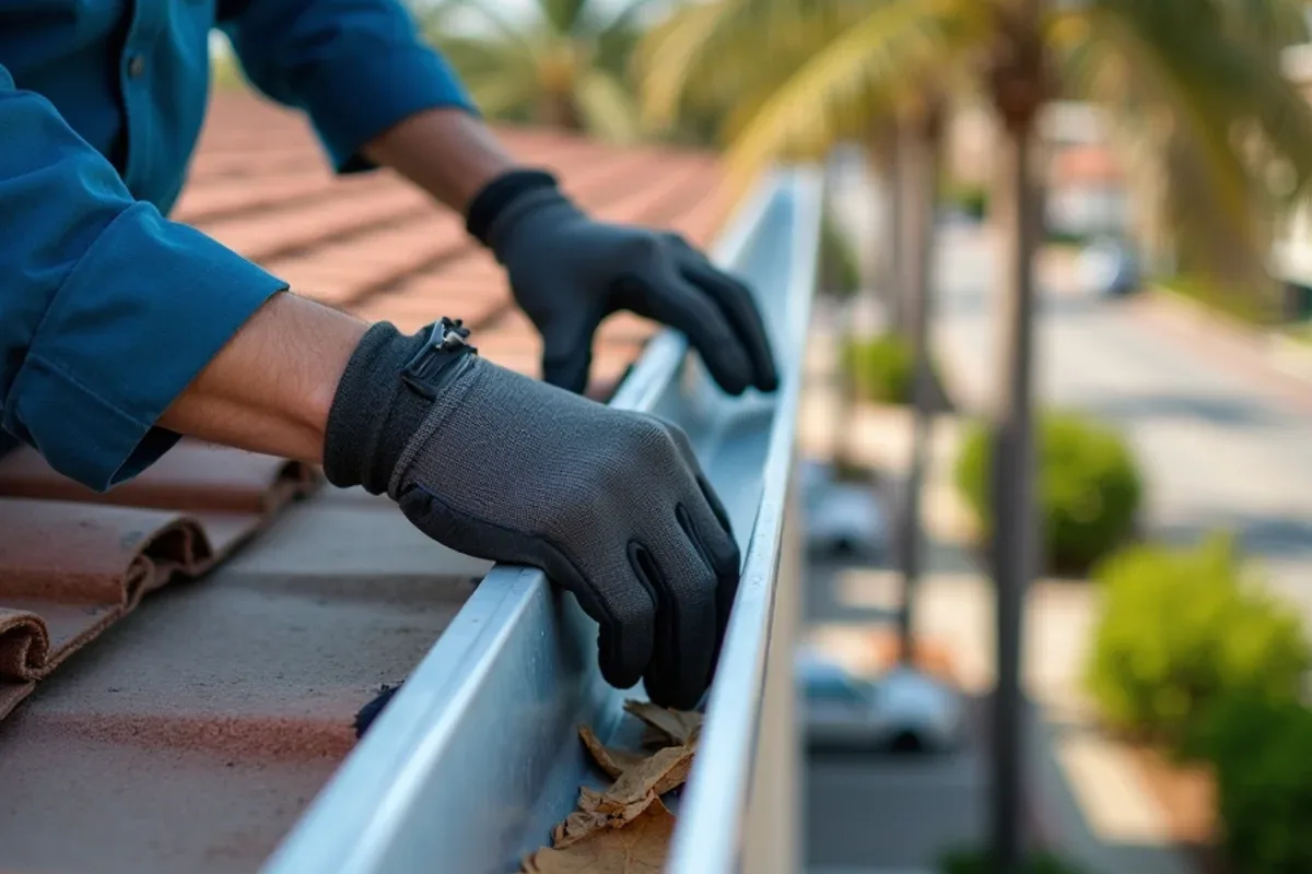 Technician inspecting a sealed seam inside a commercial box gutter on an office building