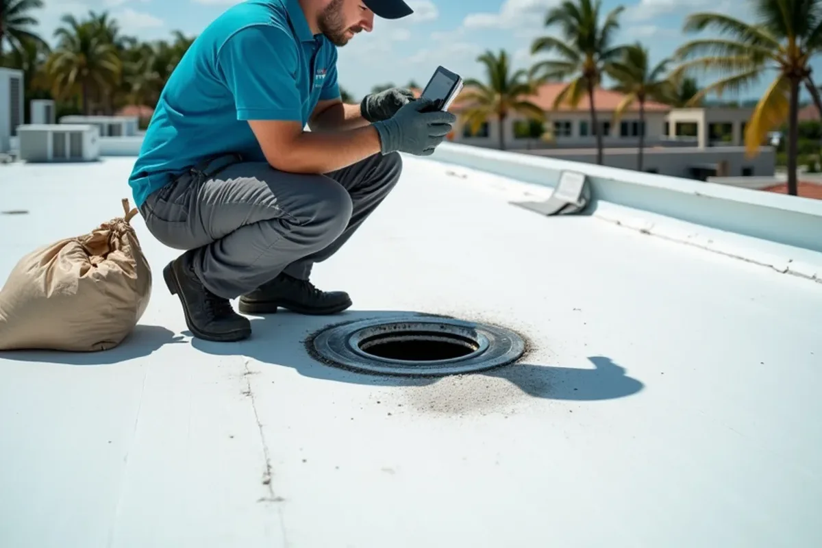 Crew member photographing a cleared commercial roof drain for a property manager report