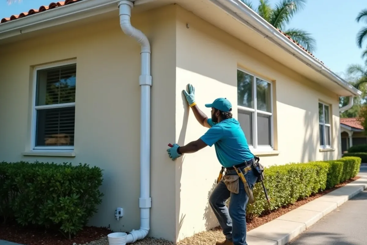 Straight re-hung gutter and reconnected downspout on a two-story office building corner after commercial gutter service