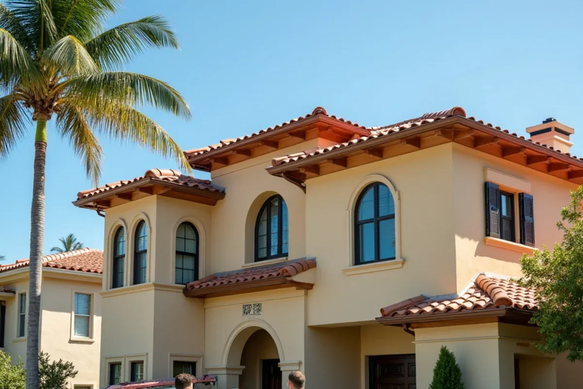 Mediterranean revival facade with arched loggia and copper gutters along a barrel tile eave