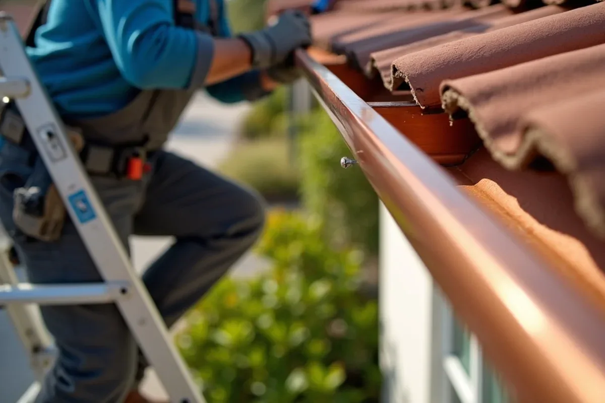 Installer soldering a seam on a copper half-round gutter section on the ladder