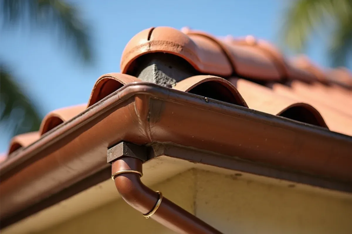 Weathered brown copper gutter beside a newer bright section showing patina stages