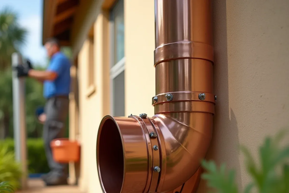 Round copper downspout fastened with a copper strap on a sand colored stucco wall
