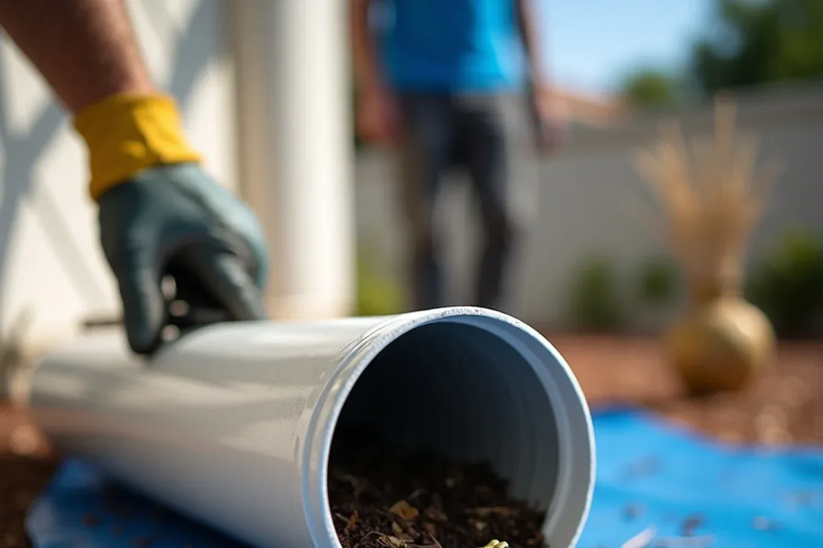 Detached downspout elbow packed with wet leaves and small tree frogs on a work tarp