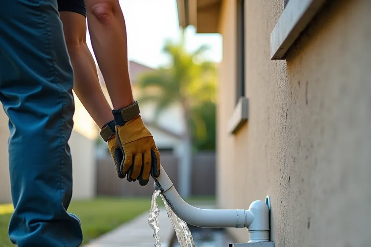 Full stream of water leaving a cleared downspout onto a concrete splash block during testing