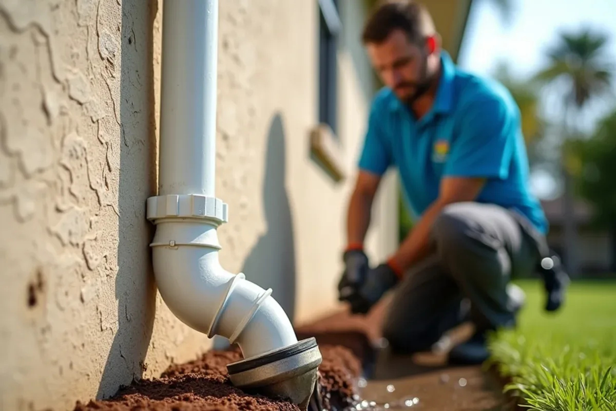 Clogged downspout trickling onto a washed-out mulch bed with overflow stains above before downspout cleaning