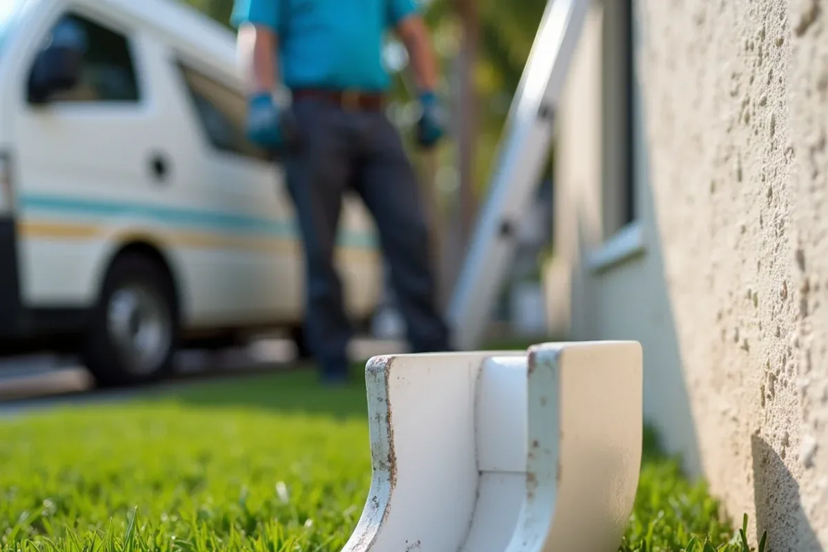 Crushed aluminum downspout bottom and shoe elbow flattened beside a lawn edge