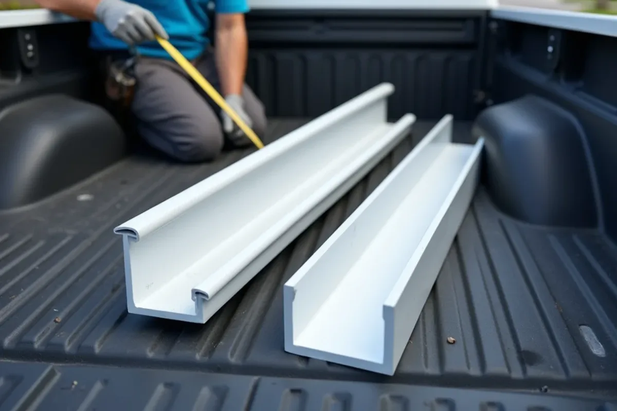 Large 3x4 downspout held next to a standard 2x3 downspout to compare their size