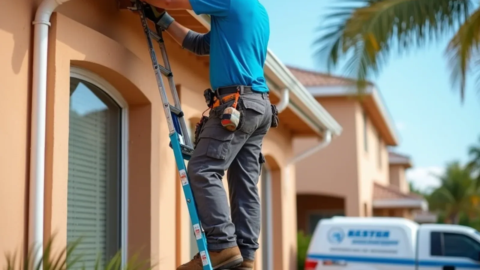 Technician installing a color-matched 3x4 aluminum downspout on a two-story stucco wall