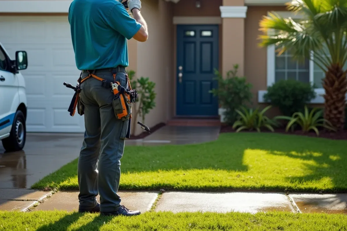 Homeowner photographing a storm-loosened gutter from a safe distance in the yard