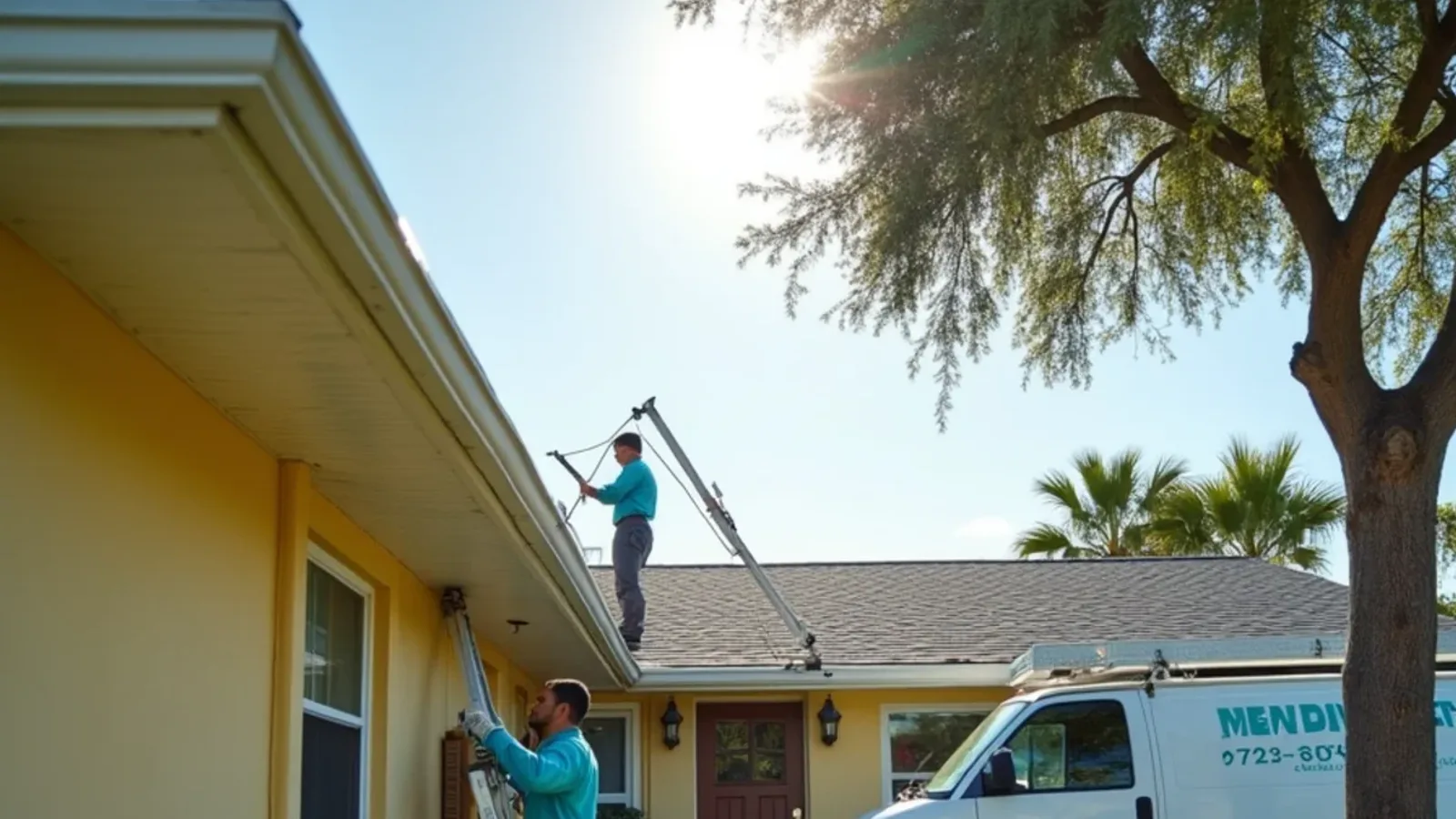 Detached gutter hanging from the roof edge of a single-story Florida home