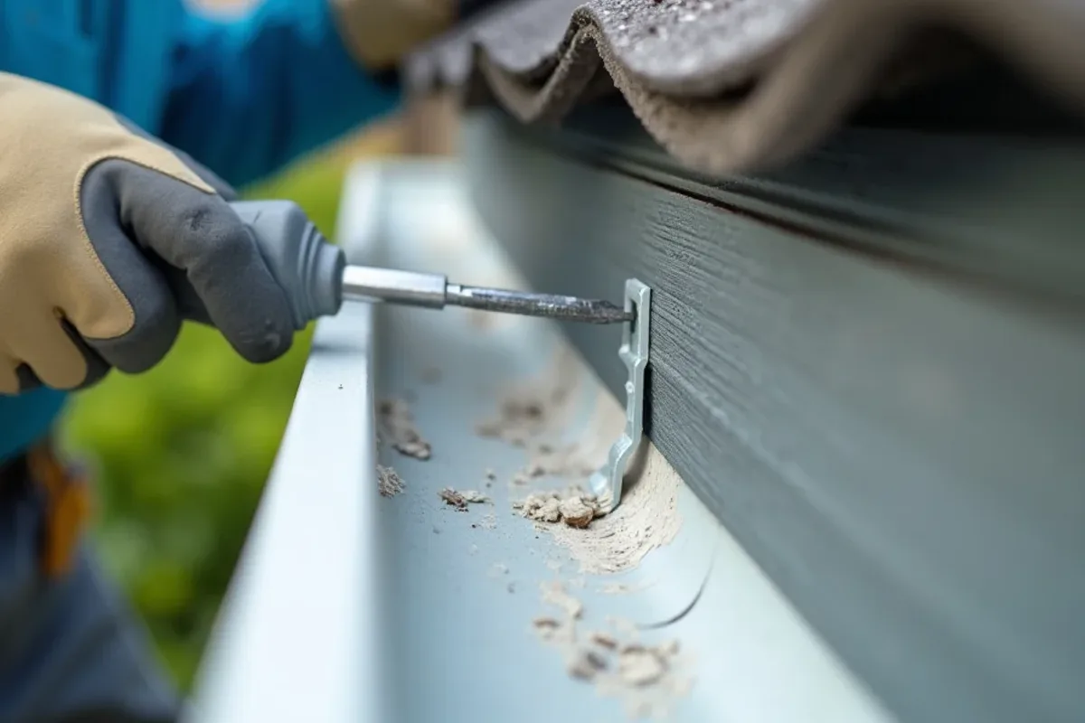 Screwdriver sinking into soft rotted fascia wood beside a gutter hanger
