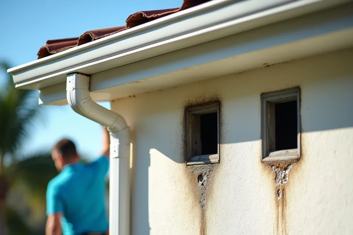 Dark water streaks on stucco below a flat roof overflow scupper and leader head