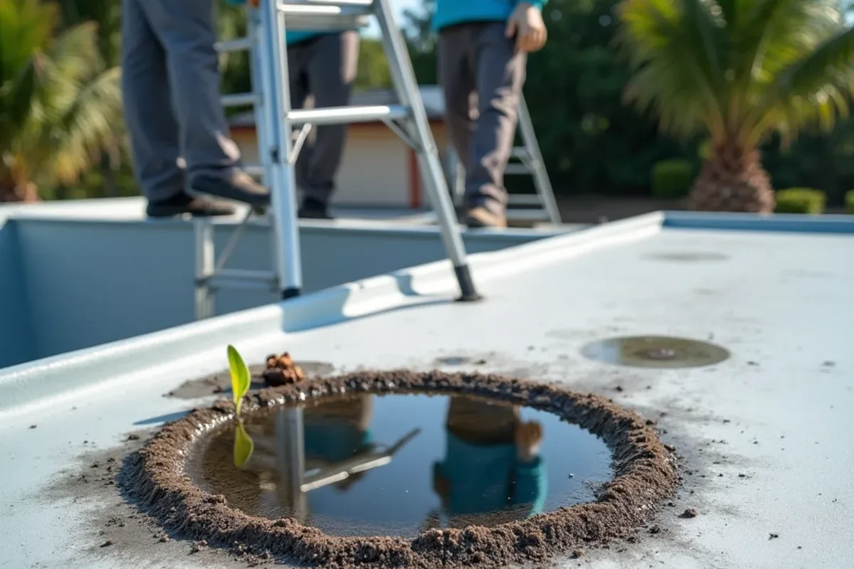 Shallow ponding water with a leaf debris ring on a flat roof near a blocked drain