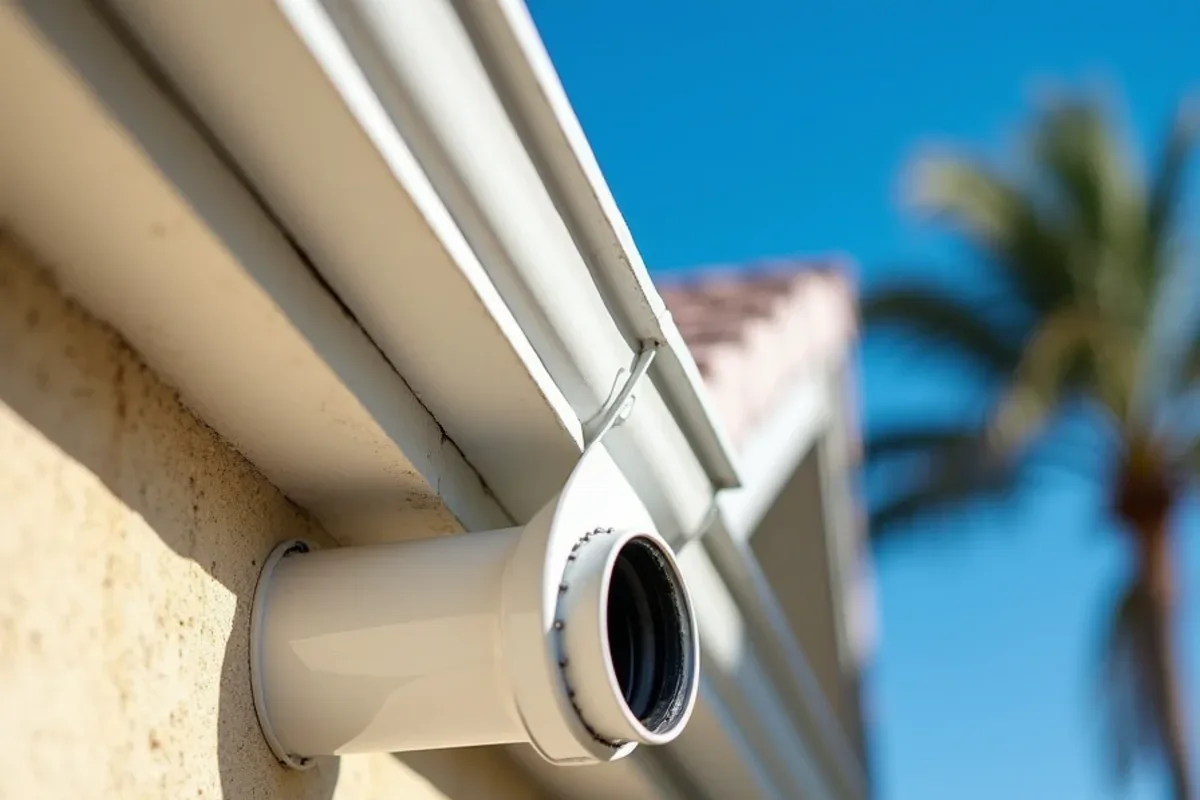 New white aluminum leader head and downspout installed beneath a flat roof scupper