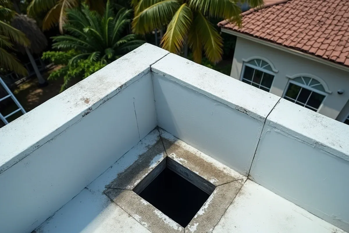 Cleared metal-lined scupper with a drained roof corner after flat roof scupper cleaning