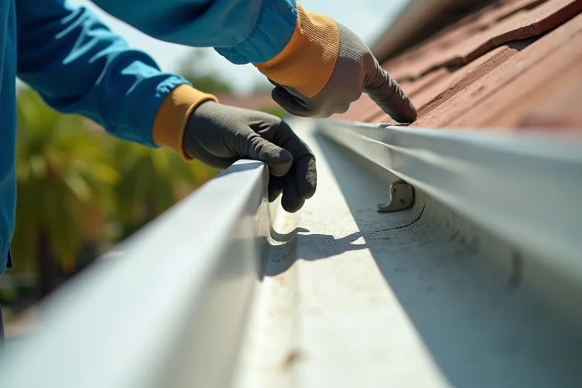 Technician pointing to a loose hidden hanger and stained fascia found during gutter cleaning