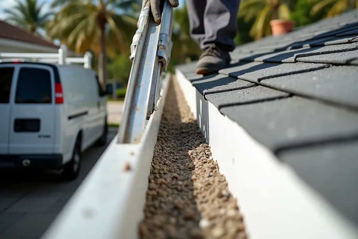 Lifted screen guard panel revealing shingle grit and sludge in the gutter trough