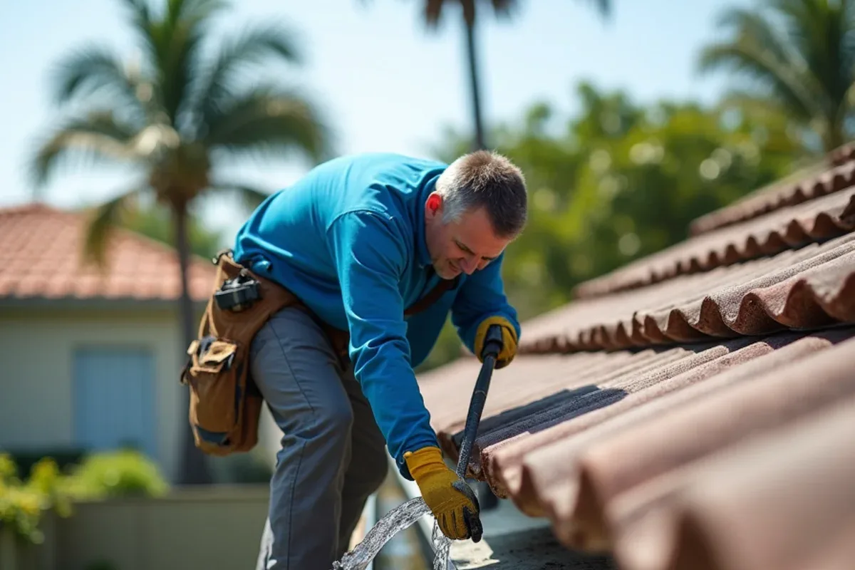 Worker flushing a downspout with a hose on a gutter fitted with mesh guards