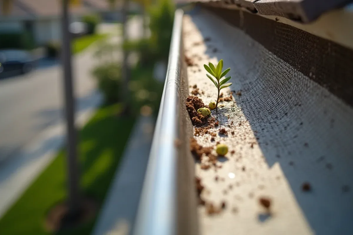 Mesh gutter guard coated in sooty film, matted leaves and a seedling before gutter guard cleaning