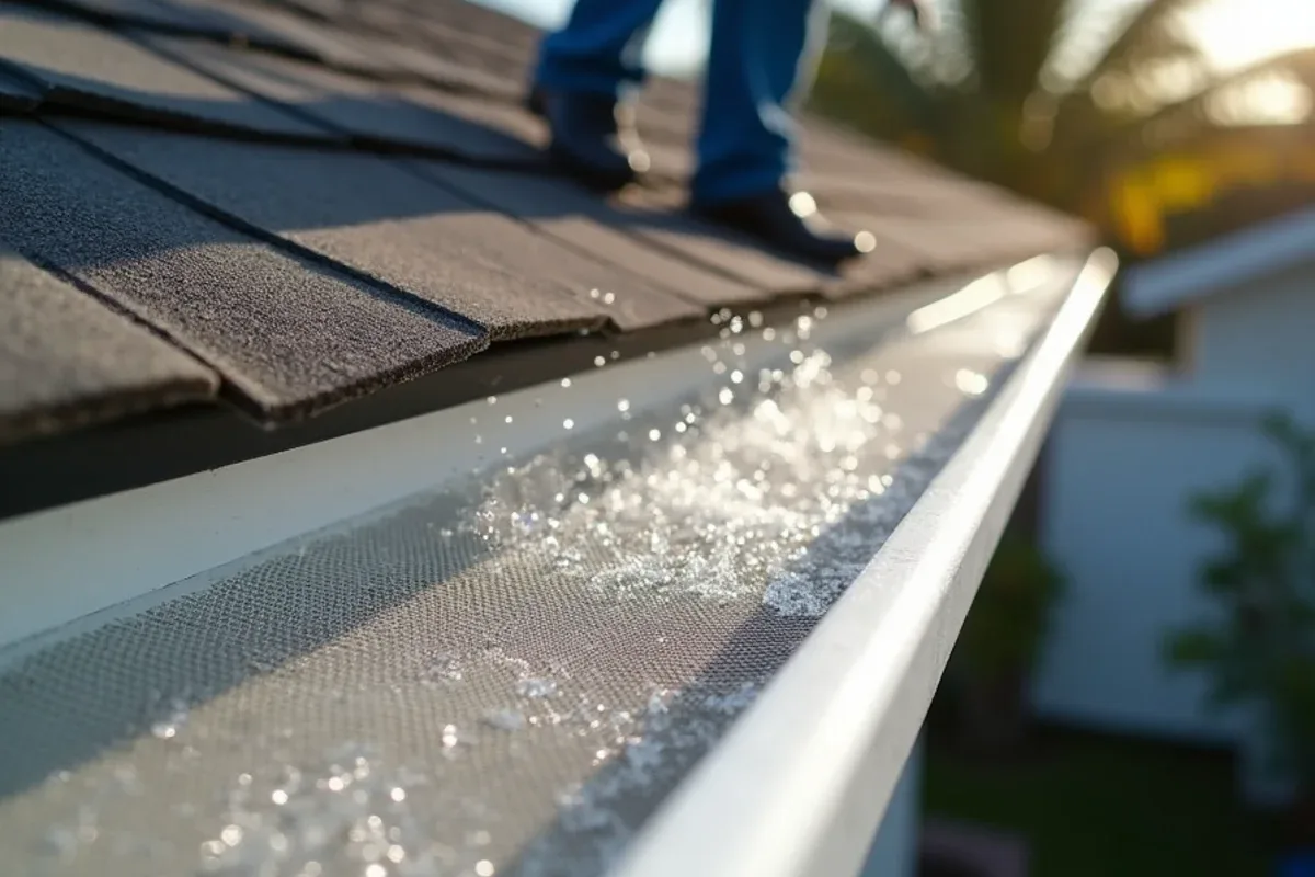 Clean stainless mesh gutter guard with open weave and rinse water soaking through after gutter guard cleaning