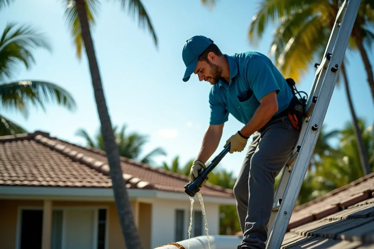 Technician flushing a gutter with a hose to clear sludge before installing guards