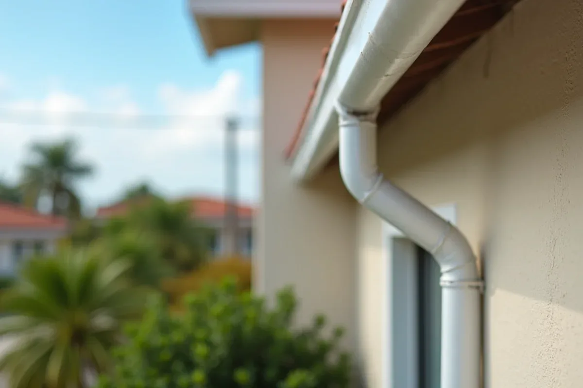 White K-style seamless gutter mounted below a terracotta barrel tile roof edge on stucco home