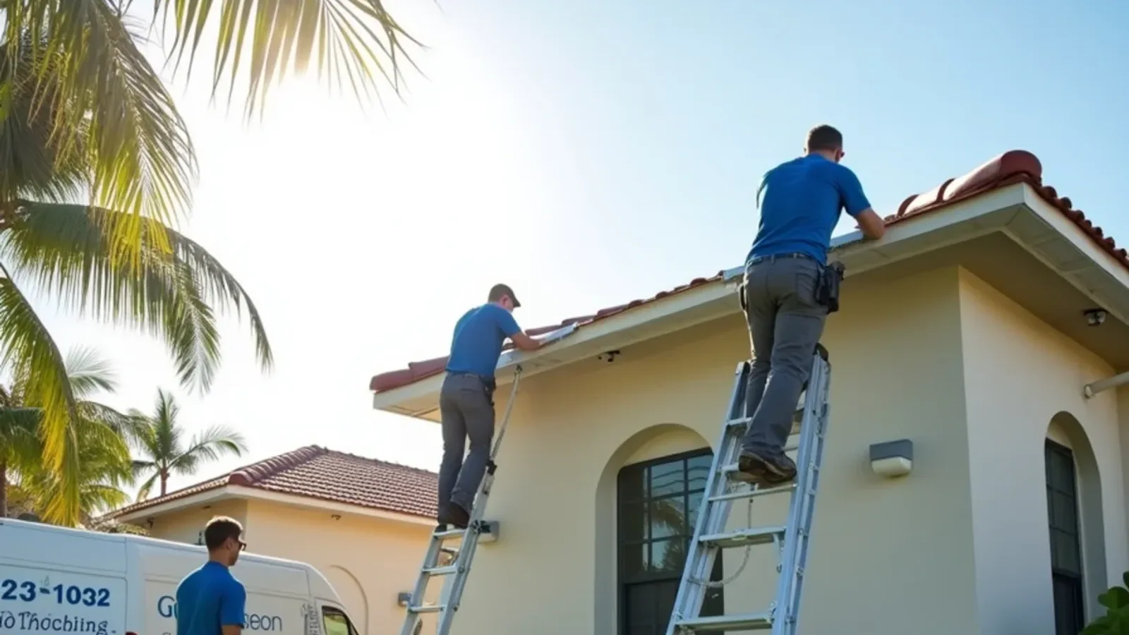 Two installers raising a long seamless gutter run to the upper eave of a two-story tile roof home during gutter installation