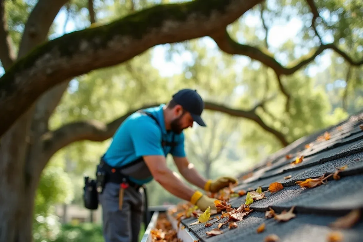 Brown live oak leaves and catkins filling a gutter during the South Florida spring leaf drop
