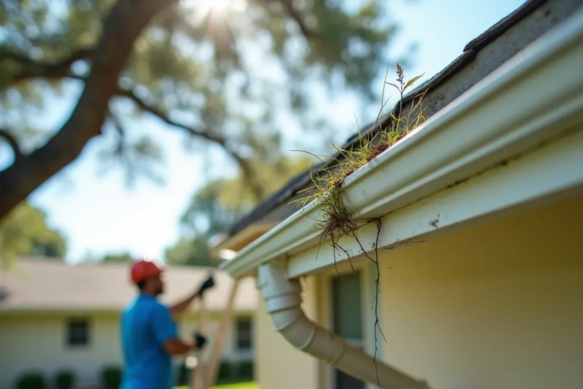 Neglected gutter with sprouting weeds and overflow streaks on fascia and stucco before a gutter maintenance plan