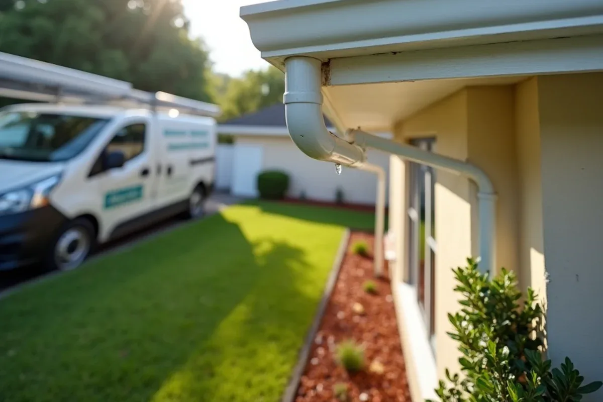 Clear gutter line and clean fascia on a two-story stucco home after a season of scheduled gutter maintenance