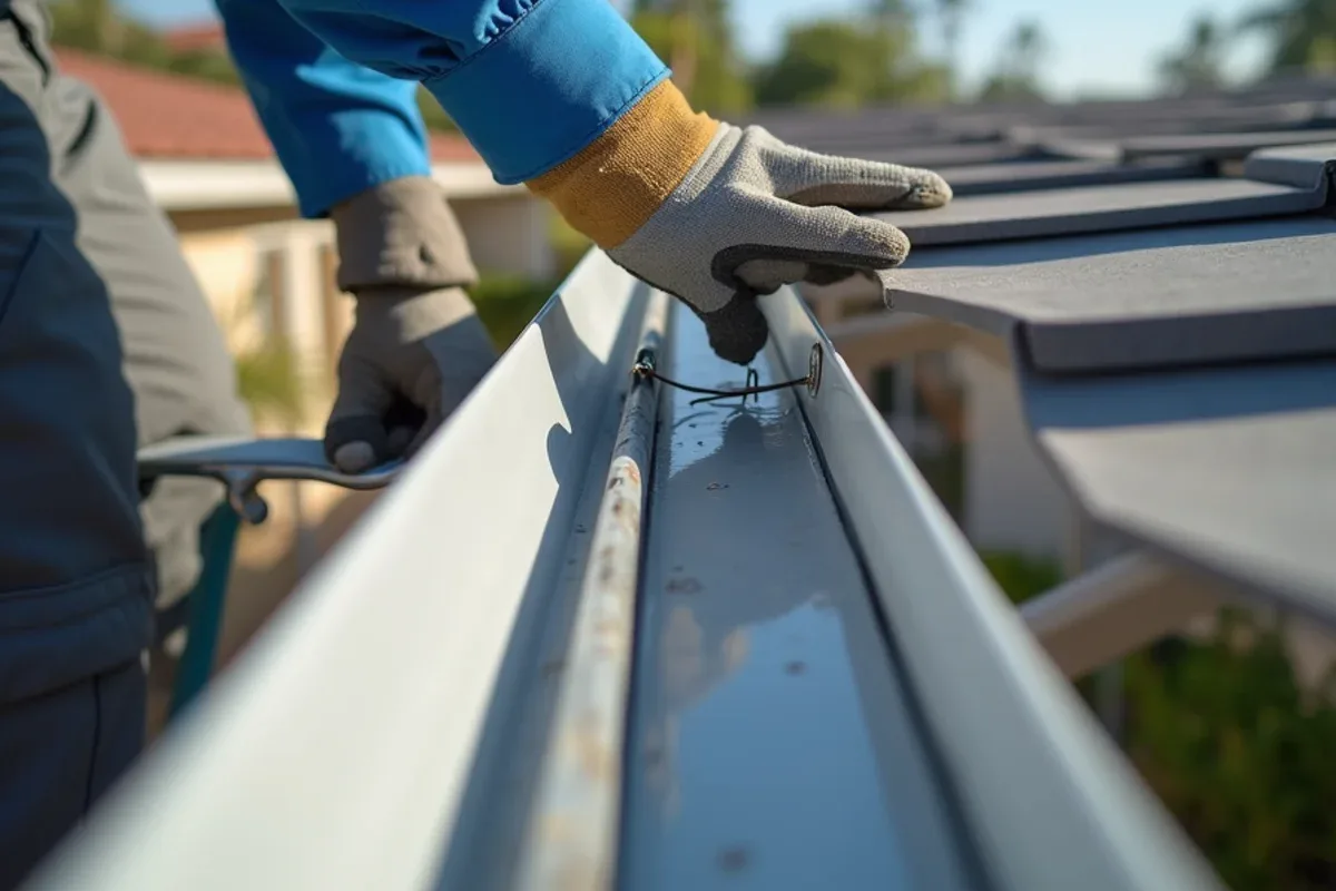 Gutter reset on fresh drip edge beneath a newly installed concrete tile roof