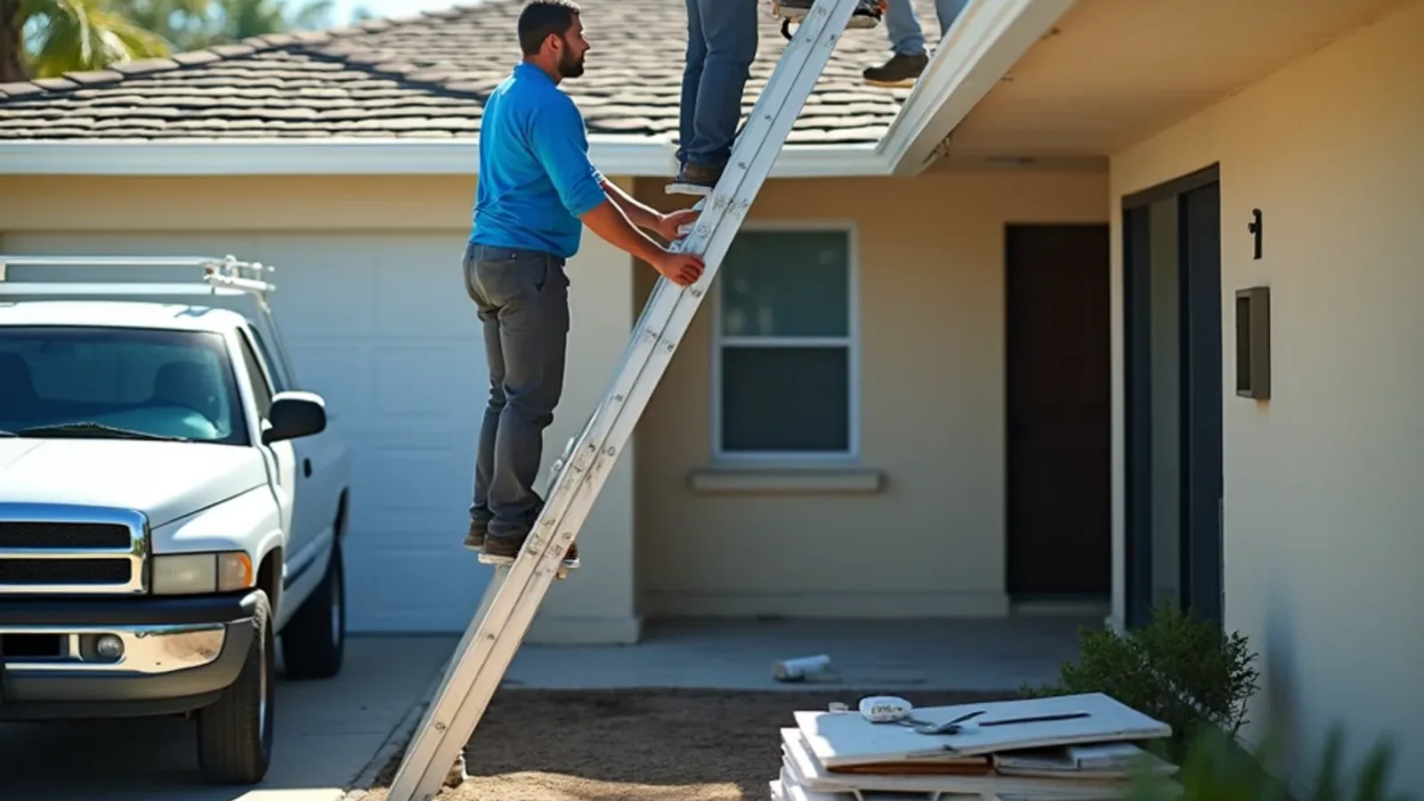 Crew lowering a long seamless gutter off a house ahead of a roof replacement
