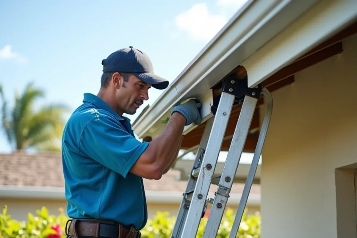 Technician on ladder inspecting a dripping sectional gutter joint during a hose flow test