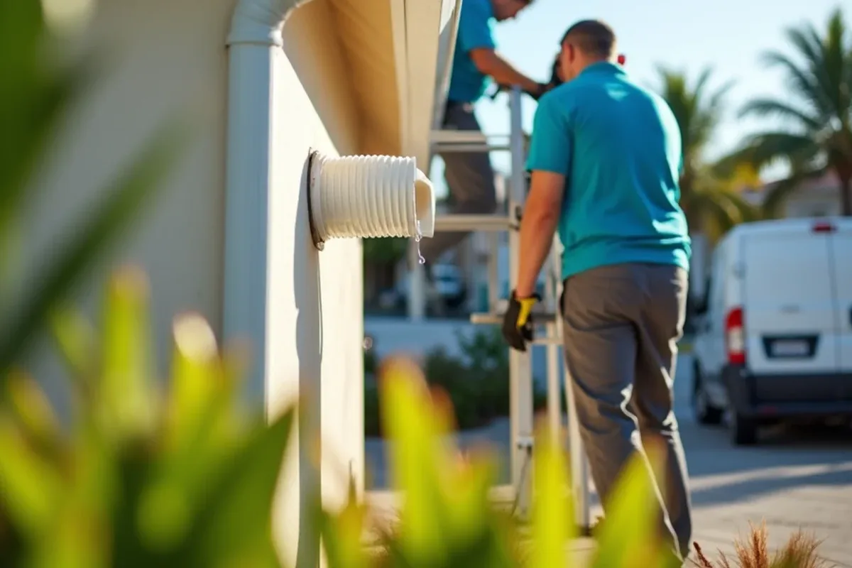 Round corrugated downspout connected to a drop outlet under a half-round gutter