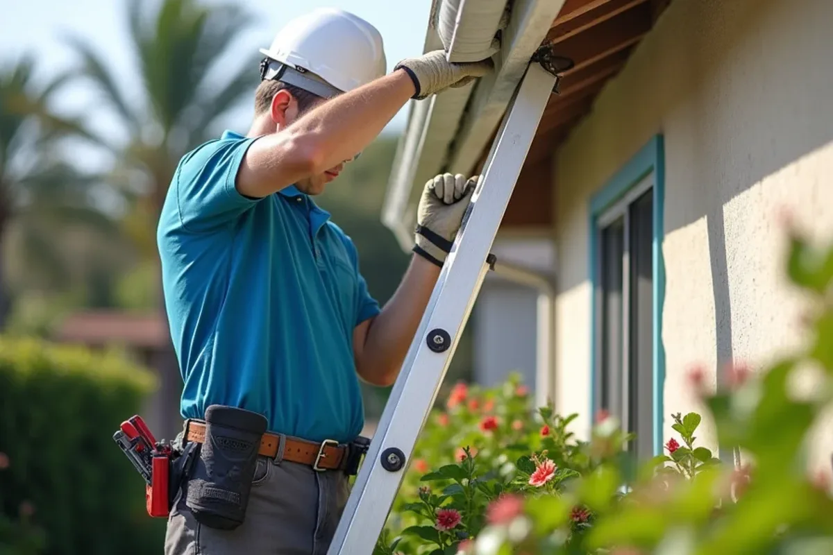 Installer on ladder snapping a half-round gutter trough into its mounting brackets