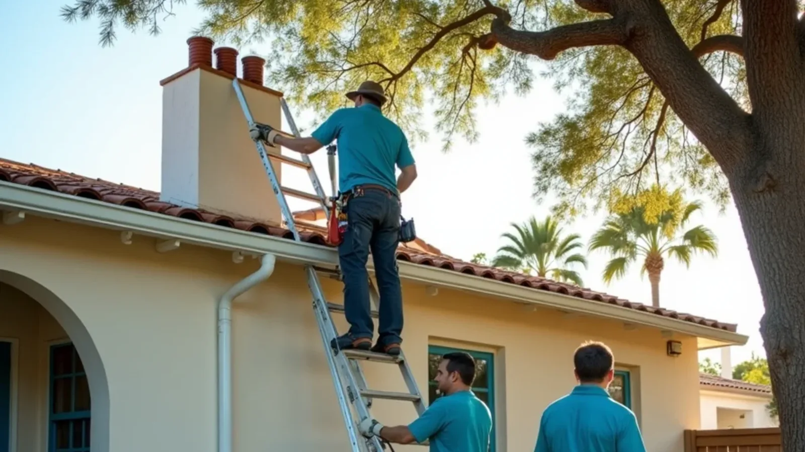 White aluminum half-round gutter and round downspout on a 1930s style stucco home