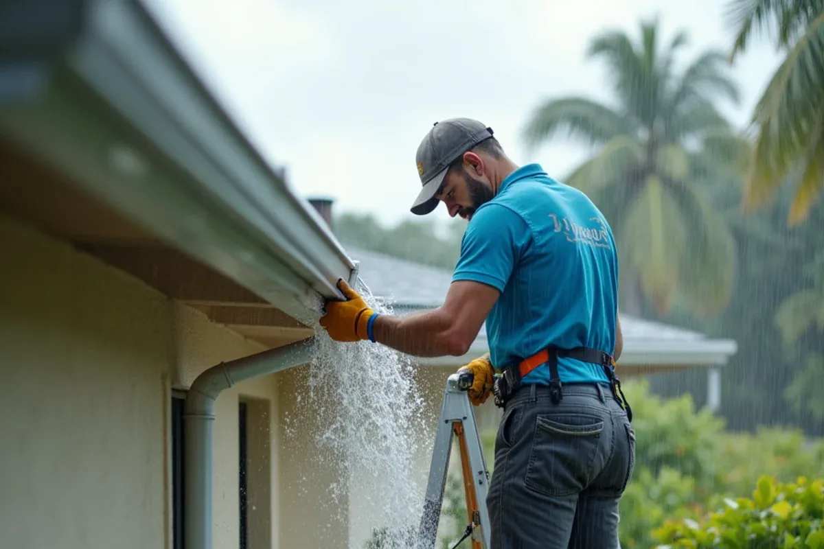 Clogged gutter overflowing during an afternoon South Florida thunderstorm onto a stucco wall