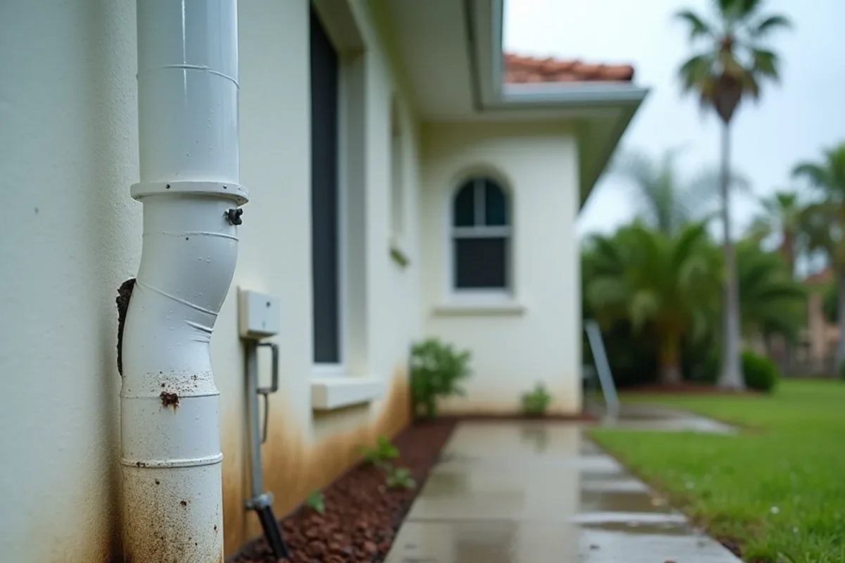 Ground-level view of an overflowing corner gutter, stained stucco and a detached downspout after rain