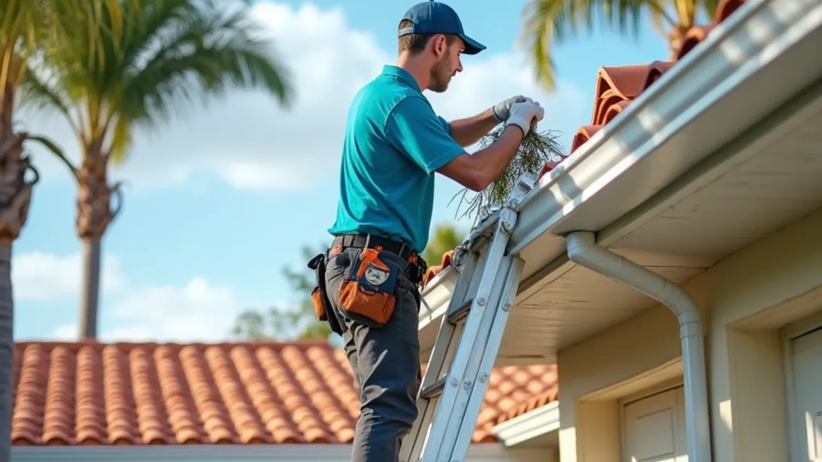 Gutter cleaning service in South Florida: technician clearing a gutter on a tile-roof home under royal palms
