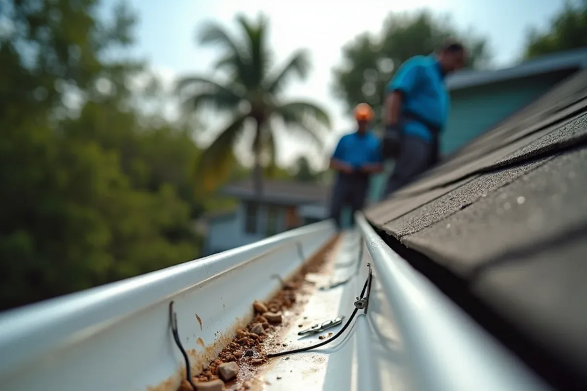 Close view of a hurricane-loosened gutter leaning outward with bent hidden hangers
