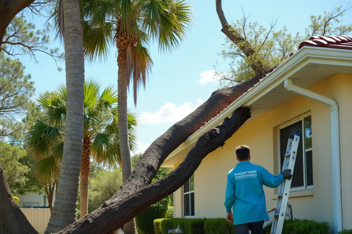 Crushed downspout pinned beneath a fallen tree limb after a tropical storm