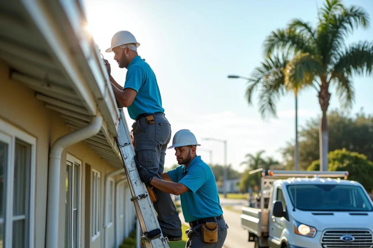 Crew hanging a new seamless gutter run to replace a hurricane-creased section