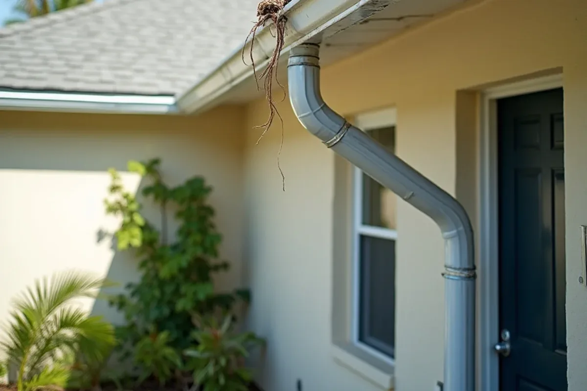 Before hurricane gutter repair: wind-bent seamless gutter run hanging from the eave of a one-story stucco home