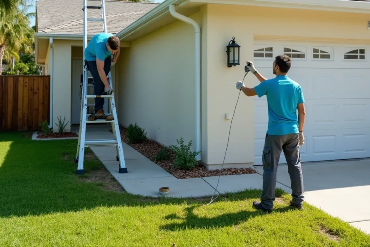 After hurricane gutter repair: new seamless gutter and strapped downspout on a one-story stucco home