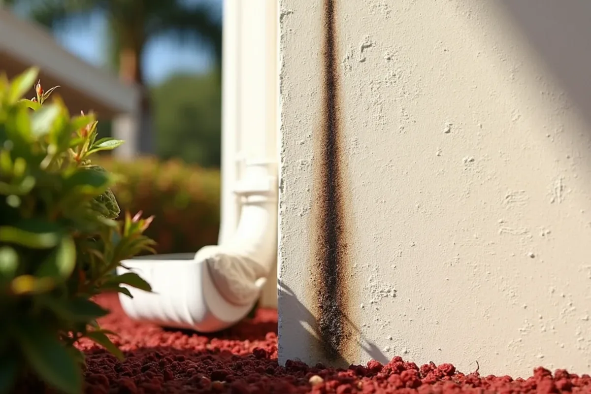Dark vertical drip stain on cream stucco wall directly below a leaking gutter end cap