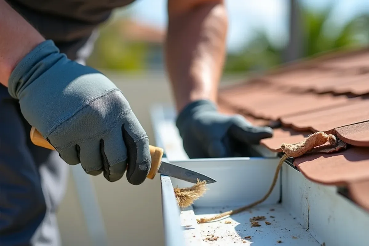 Worker scraping peeling silicone caulk off a gutter corner miter before resealing