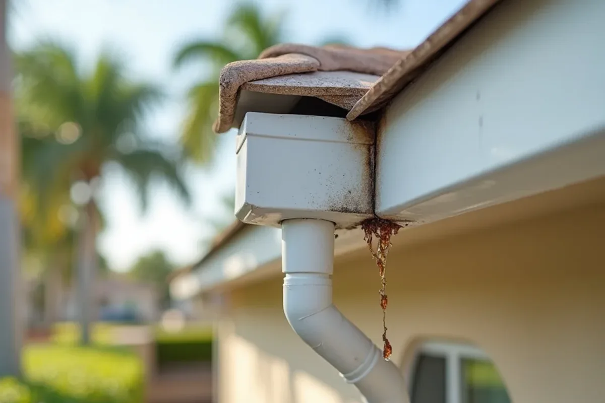 Before leaking gutter repair: water dripping from a gutter corner miter onto a streaked stucco wall