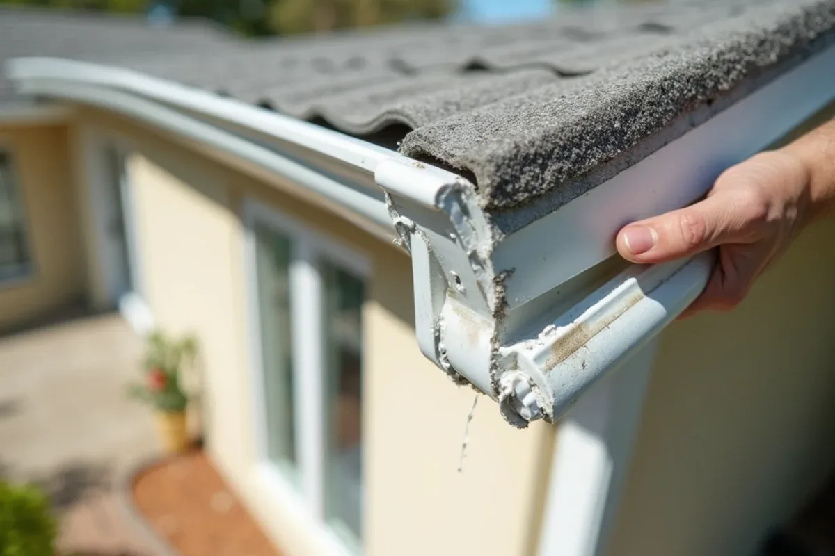 After leaking gutter repair: resealed gutter corner miter above a clean, dry stucco wall